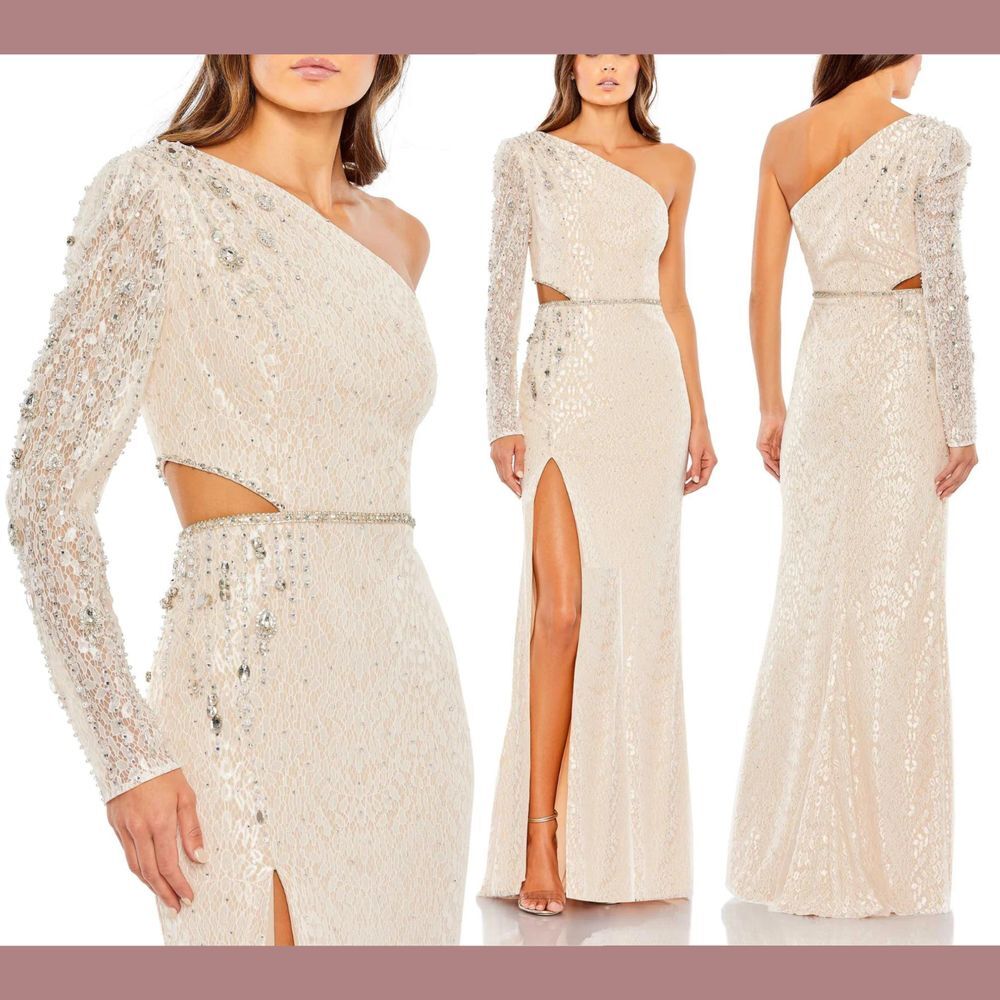 NWT $698 Mac Duggal [ 12 ] 11306 Embellished One Sleeve Cut Out Gown Ivory #Q826